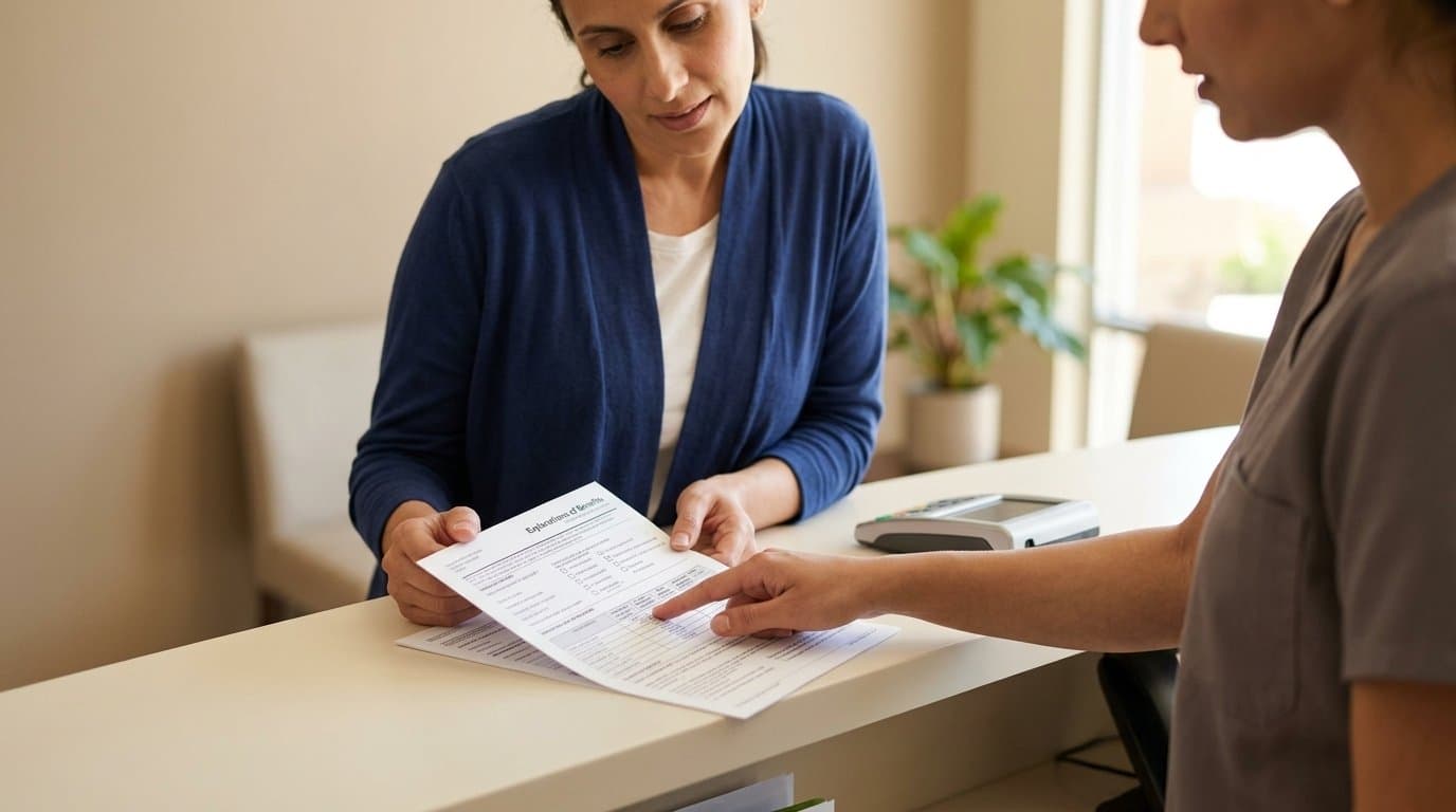 Patient and staff reviewing explanation of benefits paperwork at the front desk