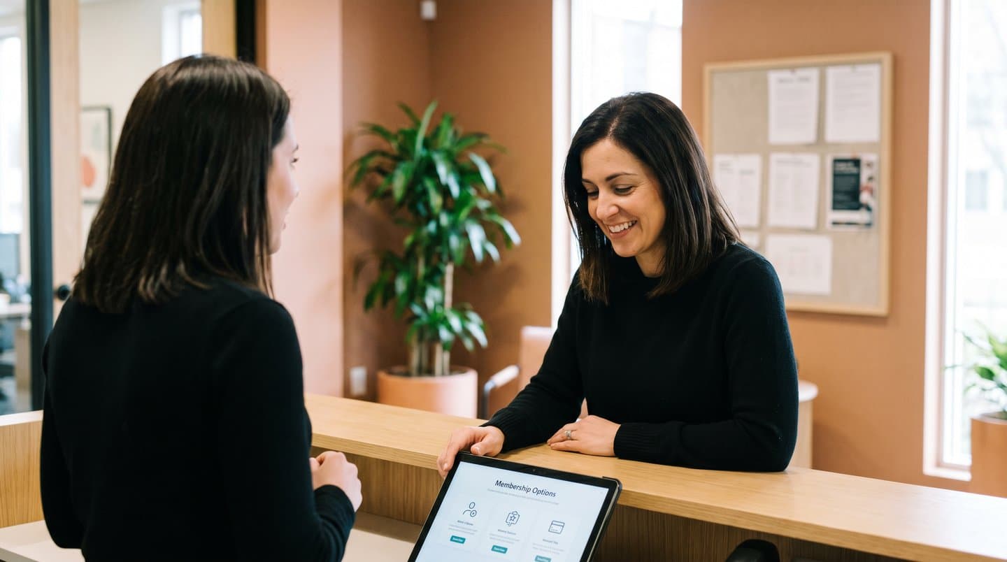 Patient at reception reviewing membership options on a tablet