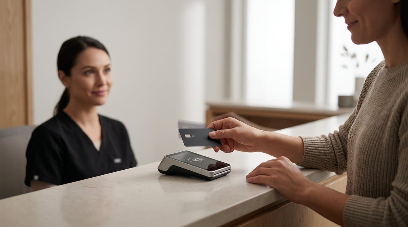 Patient paying with a card at the reception desk in a modern dental office