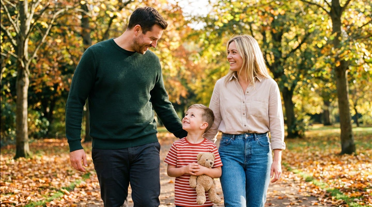 Happy family walking outdoors—family-friendly dental care in Tracy, CA
