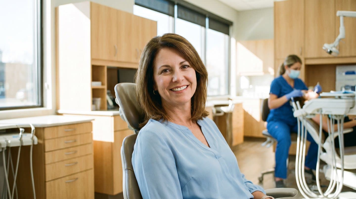 A smiling woman in a dental chair during a preventive visit, with a dental professional working in the background of a bright, modern clinic