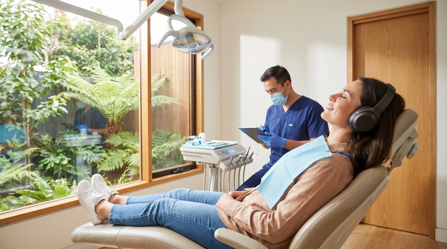 A relaxed patient in a dental chair with headphones while a clinician prepares instruments in a bright, modern office with a garden view