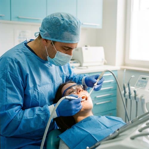 Hygienist polishing teeth with a handpiece during a professional dental cleaning