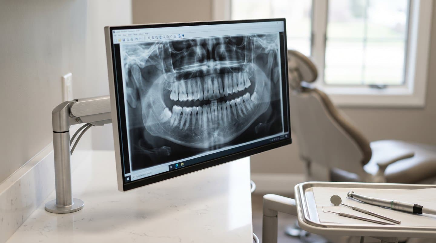 Panoramic dental X-ray on a monitor in a modern operatory—dental imaging in Tracy, CA