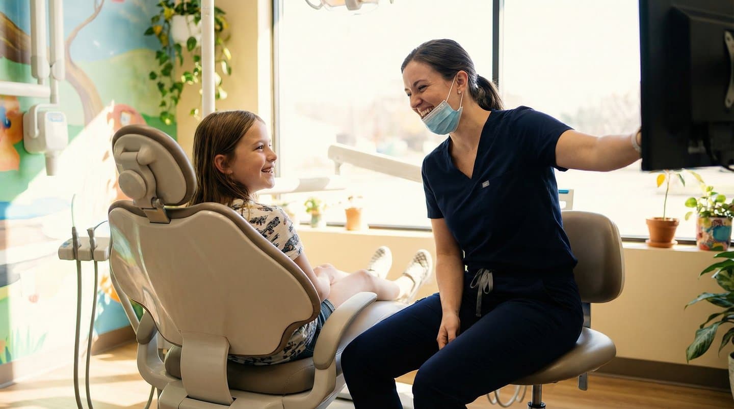 A dental professional smiling and talking with a child in a pediatric-style operatory with a mural and bright windows