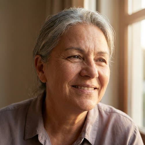 Older adult smiling with a natural, confident expression—life with comfortable dentures