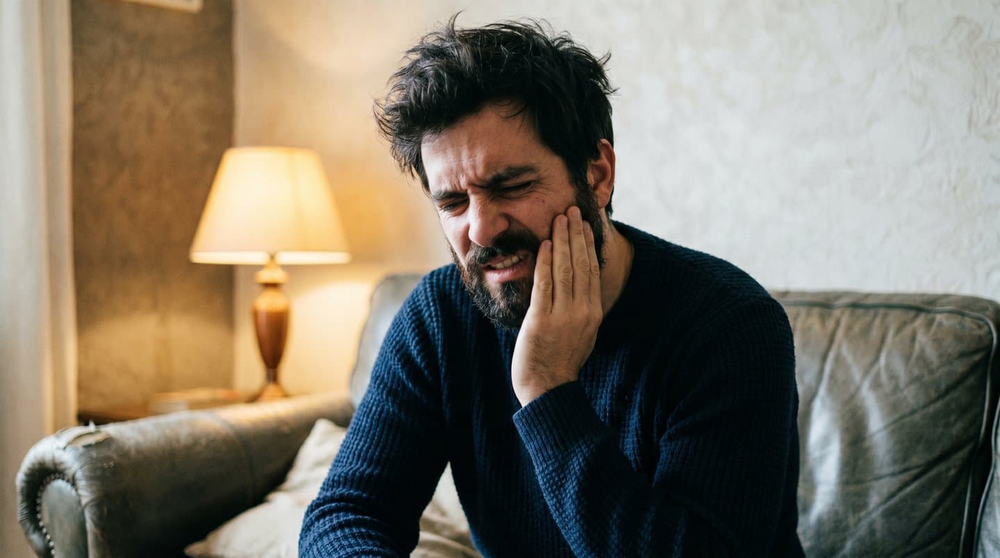 Person holding jaw in discomfort—seek prompt care for tooth pain or dental emergencies