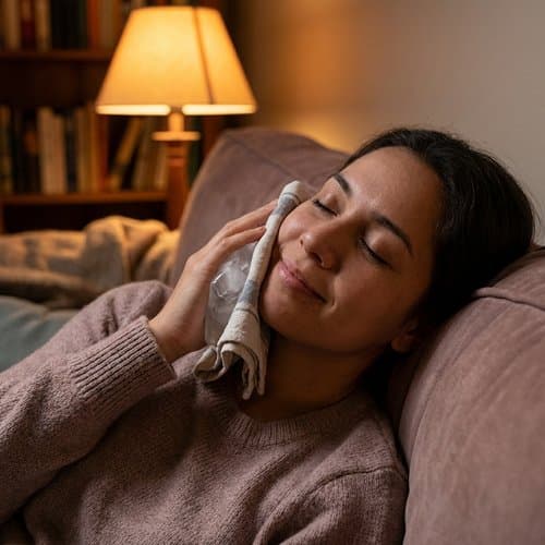 Woman at home using a cold compress on her cheek for comfort after a tooth extraction