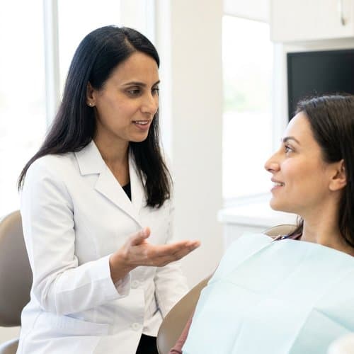 Dentist consulting with a patient in the dental chair about implant treatment