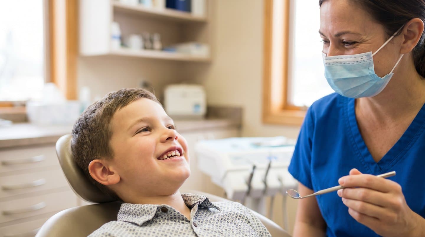 A smiling boy in a dental chair with a dental professional in scrubs and mask leaning in with a reassuring expression