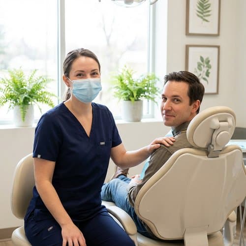 Dentist and patient during a comfortable preventive visit at VCare Family Dental