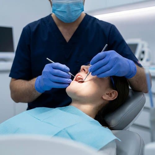 Dentist examining a patient’s teeth with a mirror and explorer during a preventive exam
