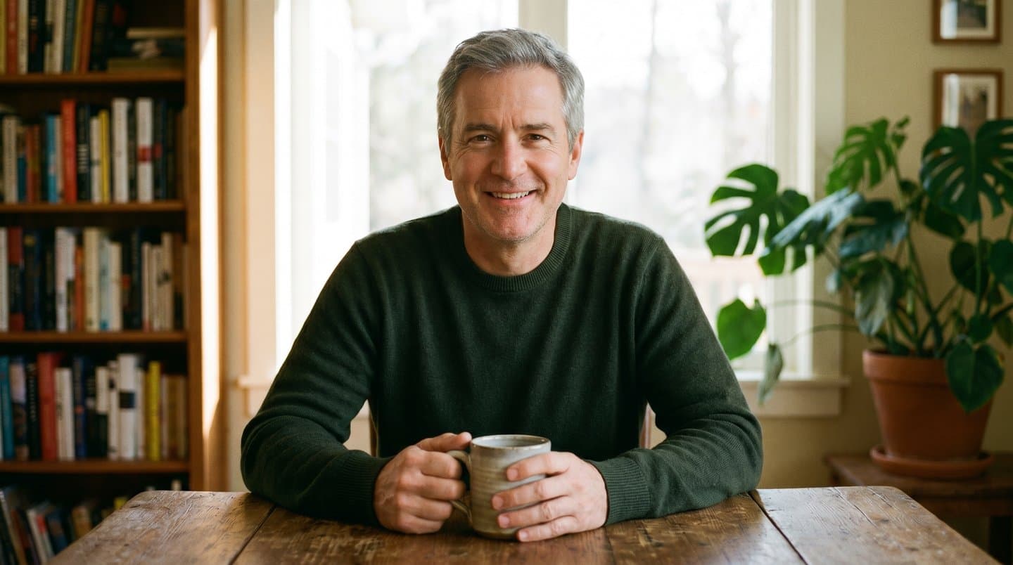 Man smiling with a mug at home—confident smile after restorative dentistry in Tracy, CA