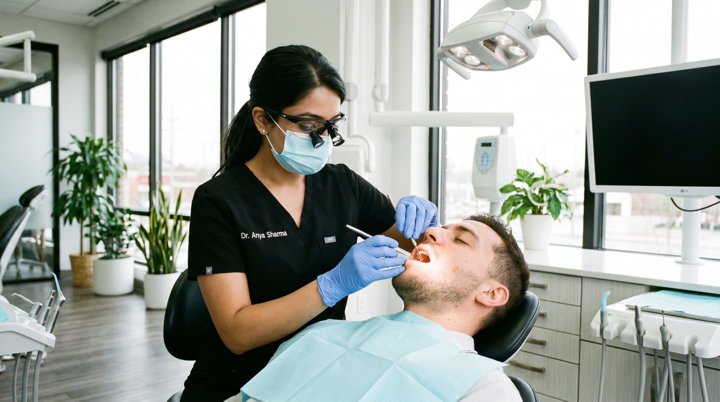 Dentist wearing loupes treating a relaxed patient in a bright modern dental office with large windows and indoor plants