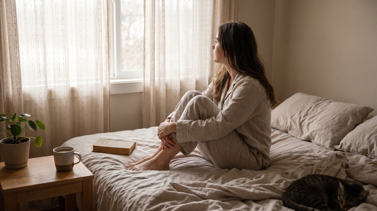 A well-rested woman in pajamas sitting on a sunlit bed with morning light from the window, smiling peacefully