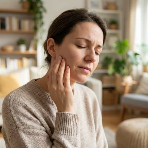 Woman holding her jaw near the TMJ due to facial or jaw pain
