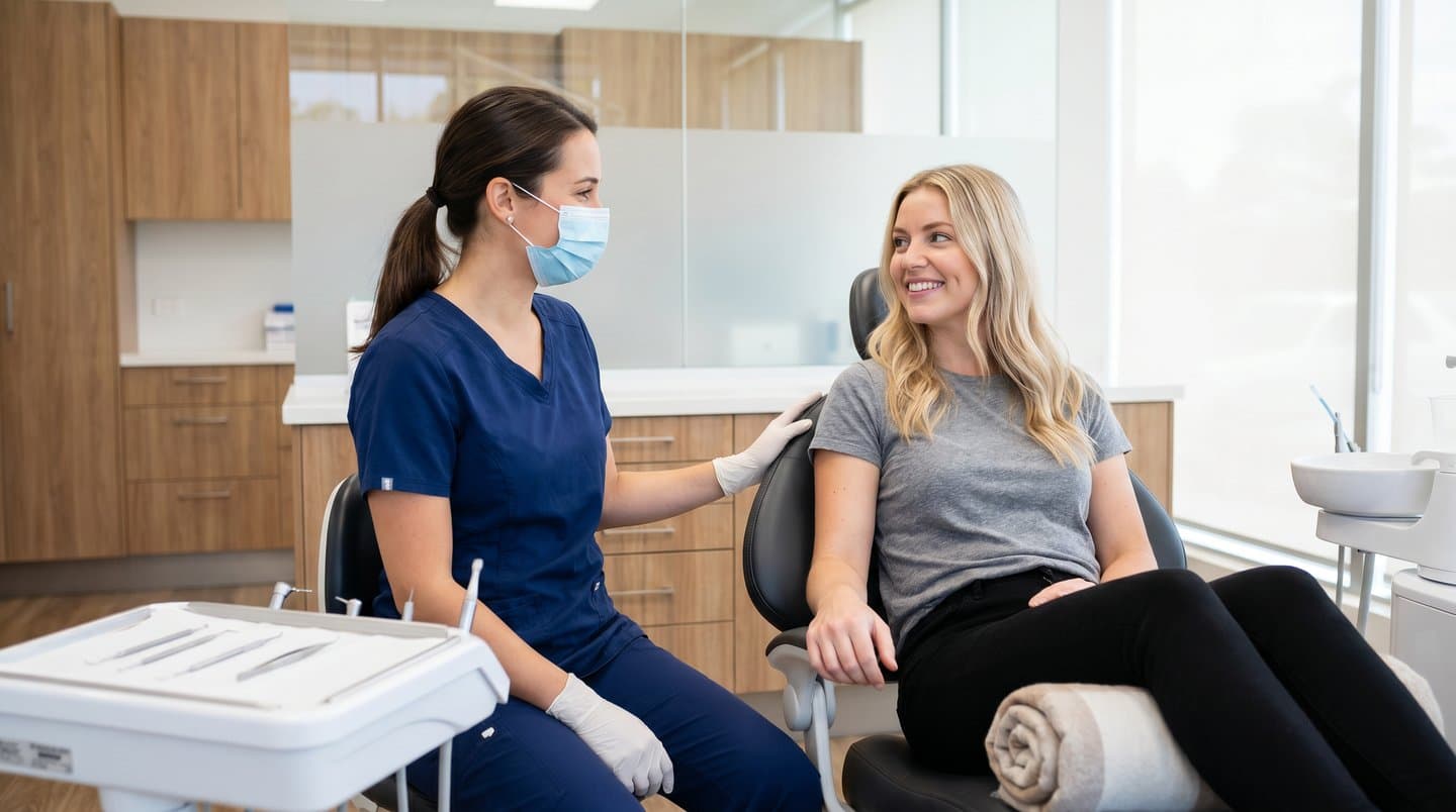 A dental professional in scrubs speaking with a relaxed patient in a dental chair in a bright, modern office